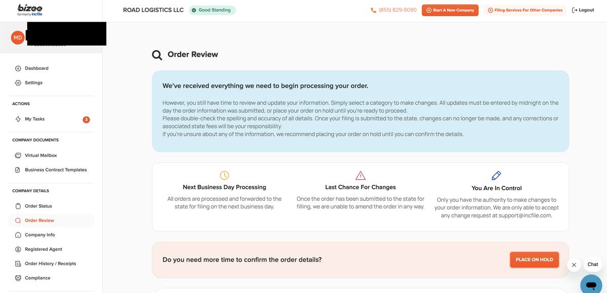 Bizee dashboard order review showing next business day processing