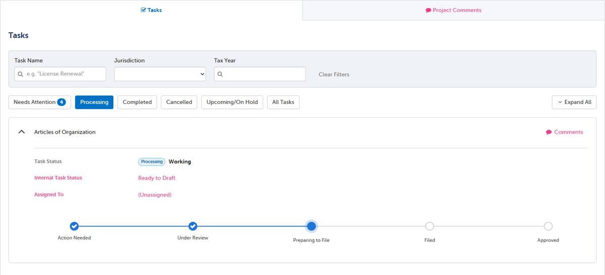 Harbor Compliance client portal showing a formation task status list