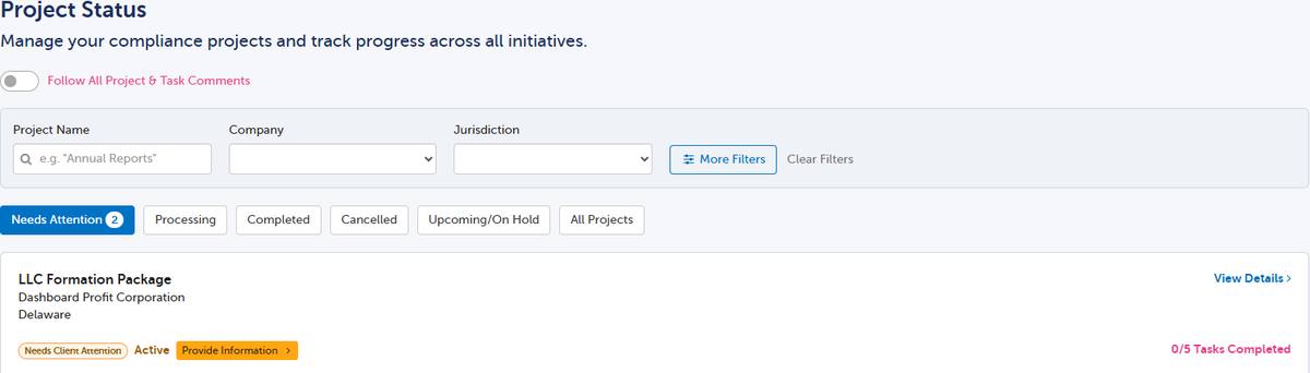 Harbor Compliance client account portal showing a formation status tracker