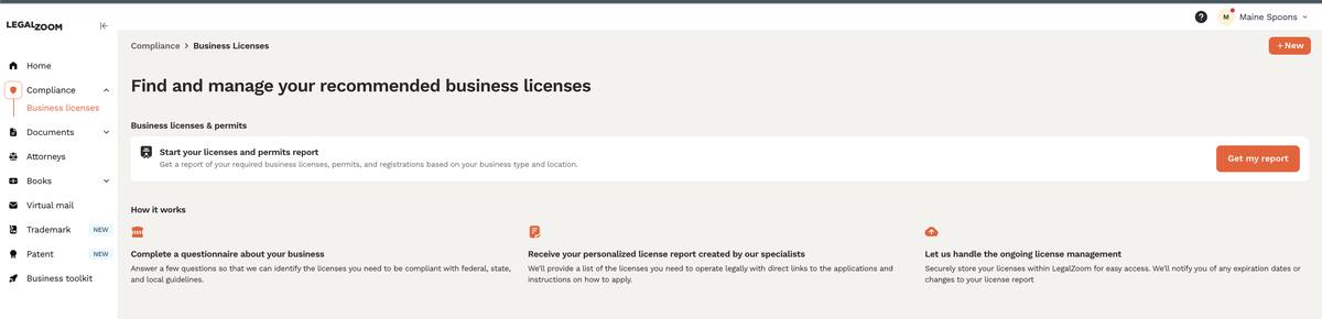 LegalZoom dashboard compliance section with business licenses and permits questionnaire