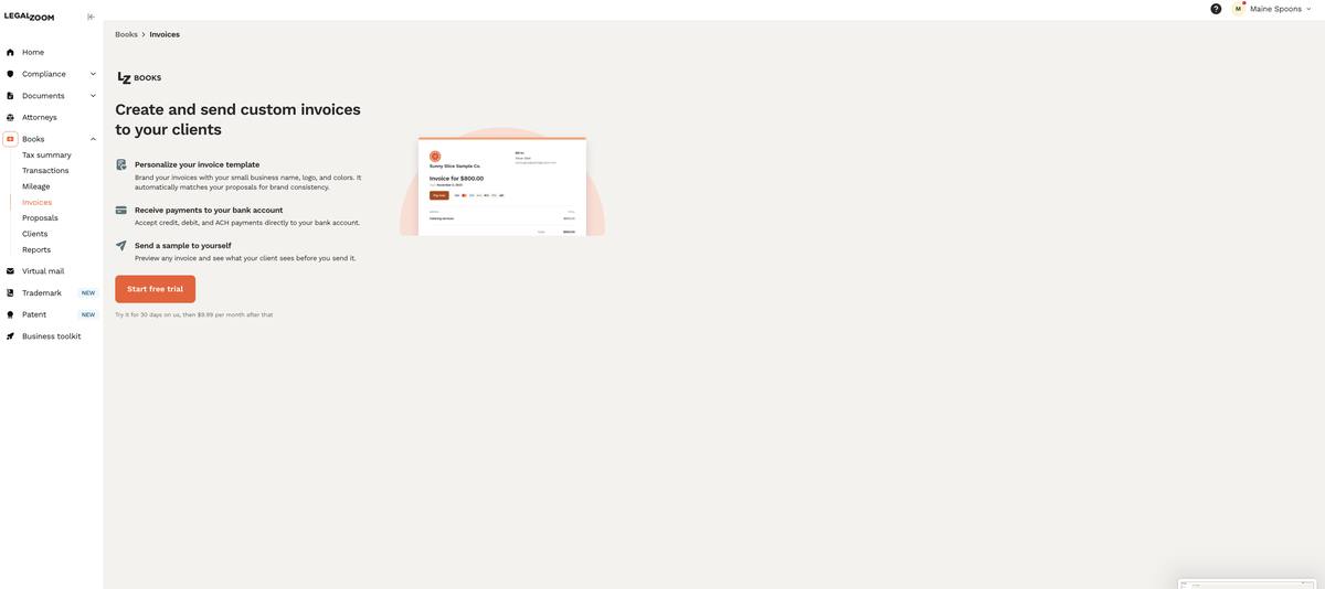 LegalZoom LZ Books invoices screen with card and ACH payment options