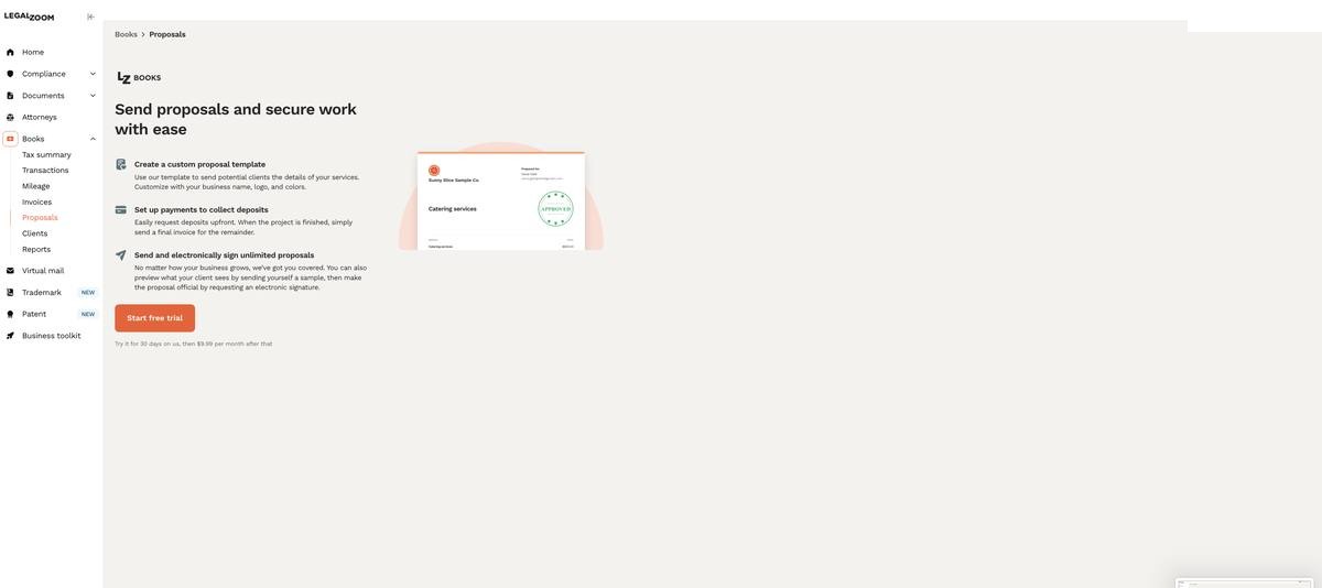 LegalZoom LZ Books proposals screen showing an approved proposal