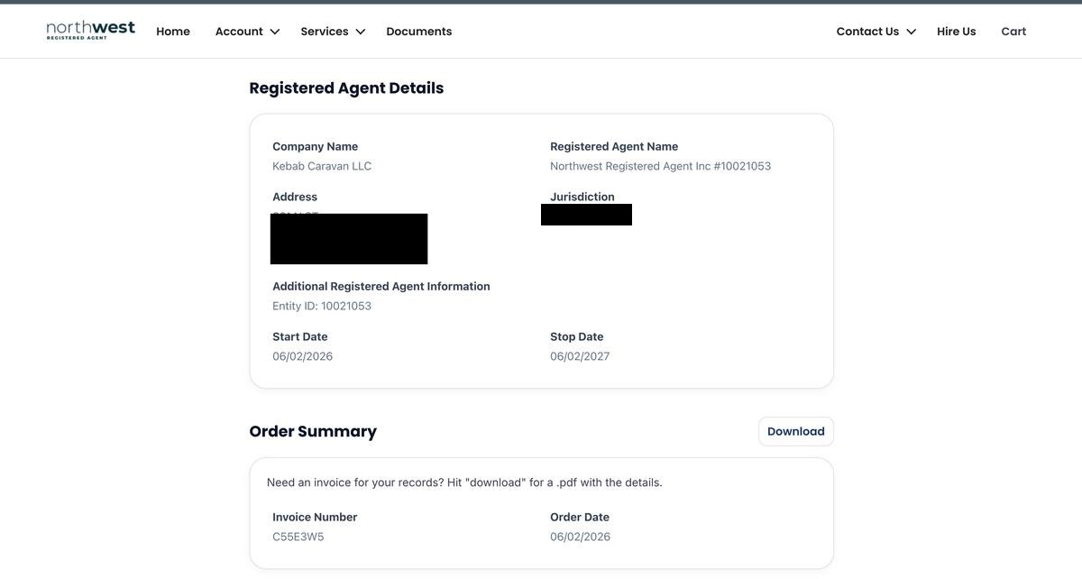 Northwest Registered Agent Details screen showing the assigned agent name and entity ID, jurisdiction redacted