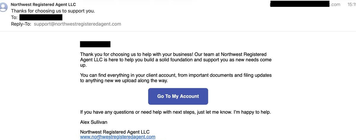 Northwest Registered Agent welcome email directing the new customer to their client account