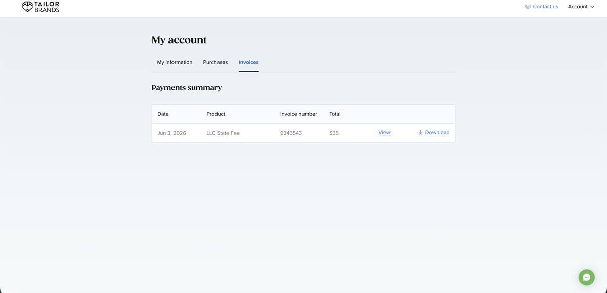 Tailor Brands account page listing invoices and purchase summary