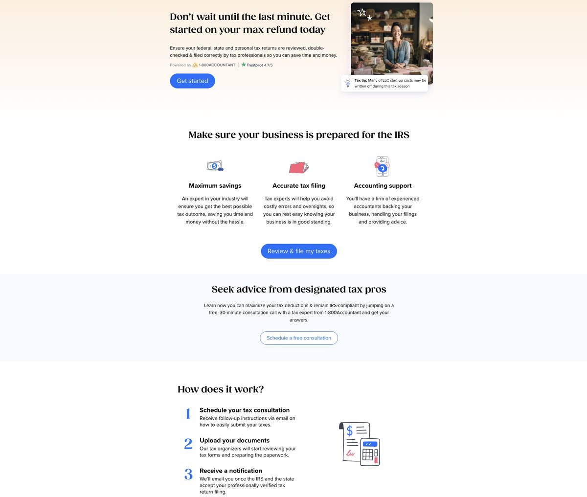 Tailor Brands dashboard business taxes section powered by 1-800Accountant