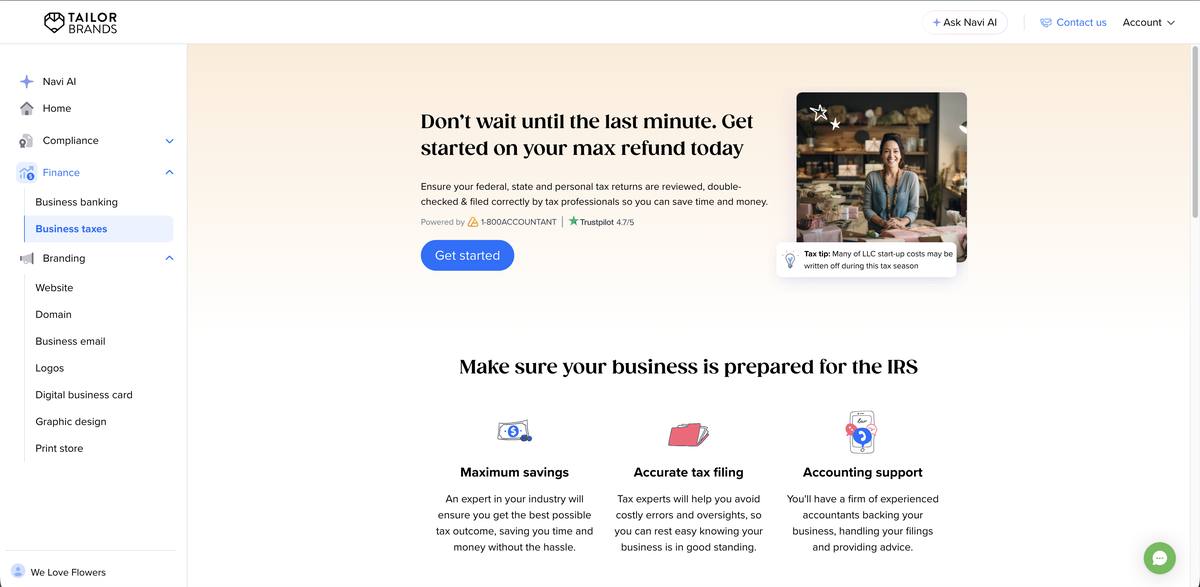 Tailor Brands dashboard home showing branding, finance and compliance tabs
