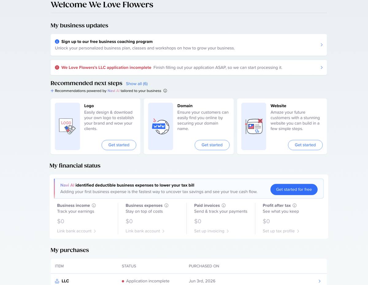 Tailor Brands dashboard welcome screen with Navi AI and financial tracking