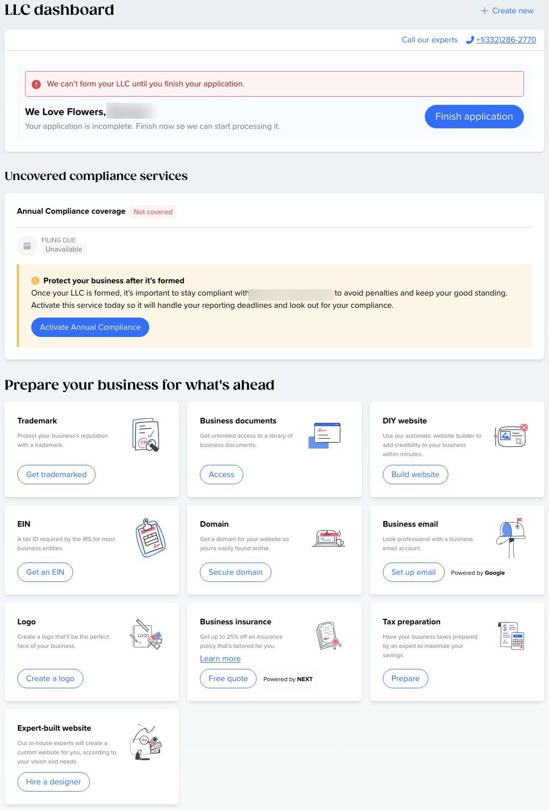 Tailor Brands dashboard LLC status showing annual compliance not covered