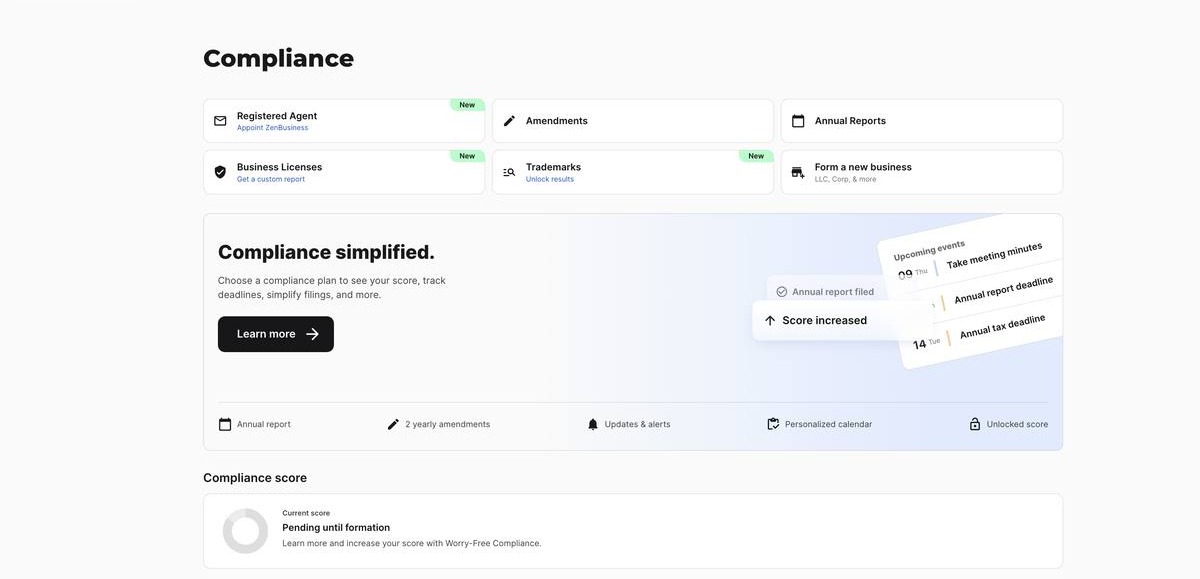 ZenBusiness compliance tab showing a Registered Agent tile beside amendments and annual report tools