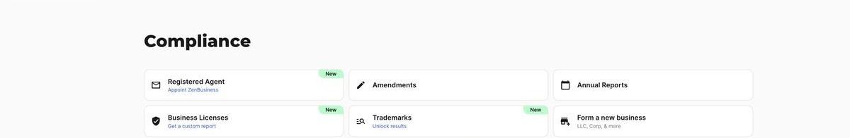 ZenBusiness compliance tab showing a Registered Agent tile beside amendments and annual report tools