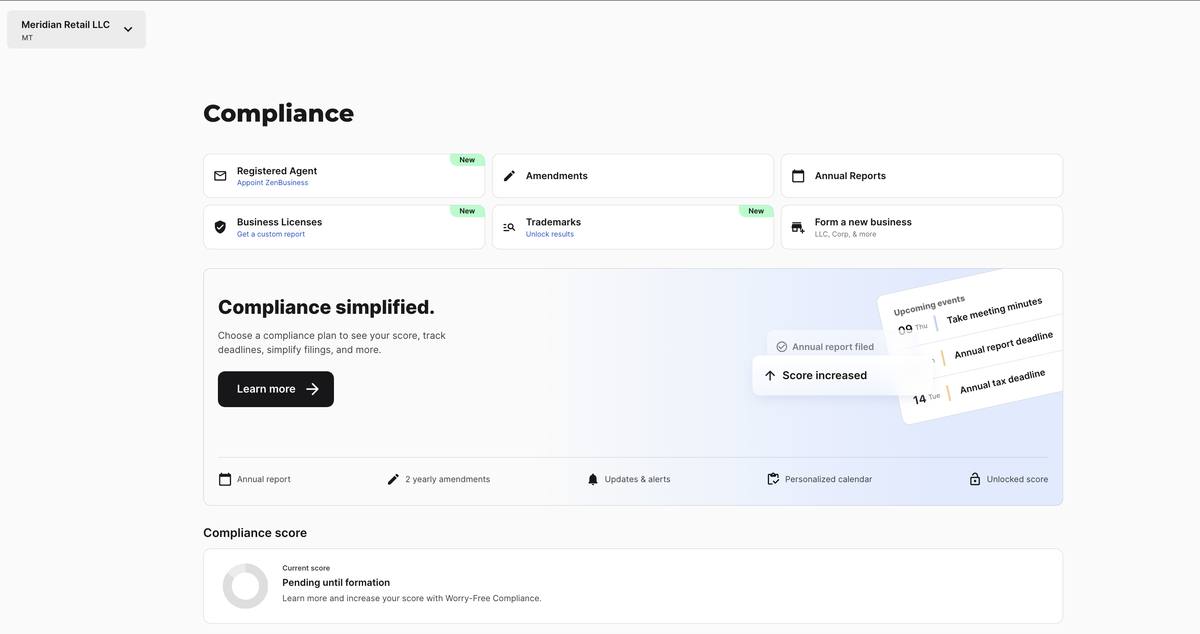 ZenBusiness dashboard compliance tab showing a pending formation, registered agent and license checks