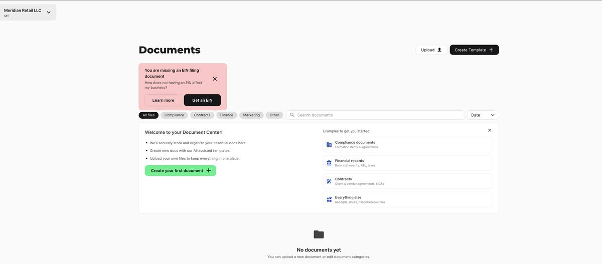 ZenBusiness document center flagging a missing EIN with AI-assisted templates and no documents yet