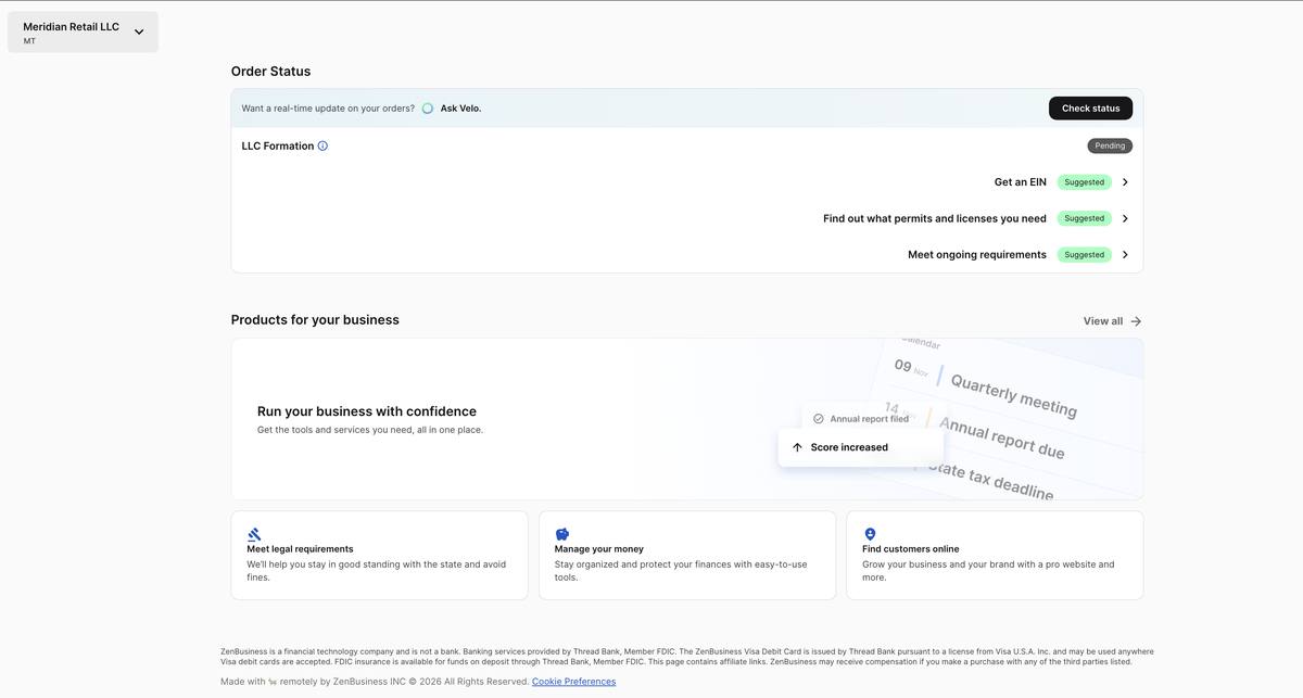 ZenBusiness authenticated account dashboard home showing a pending formation status and a list of suggested next steps