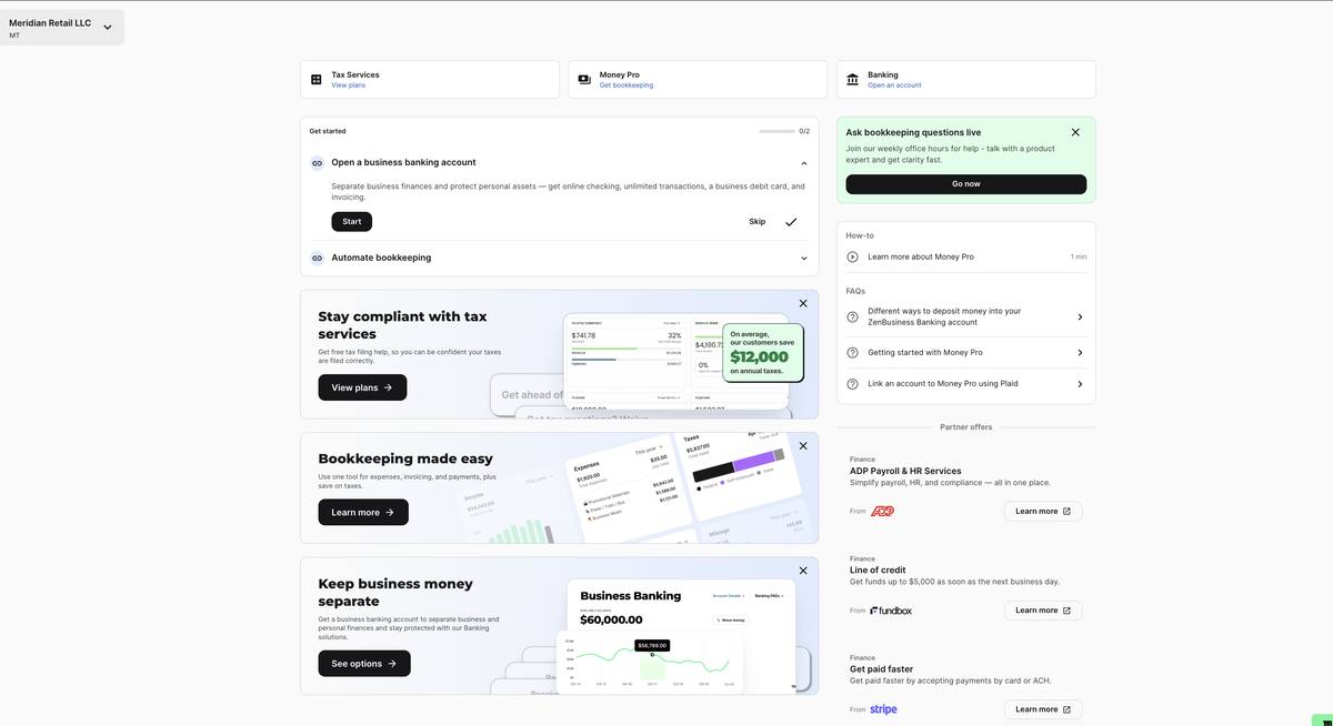 ZenBusiness Money Pro dashboard tab showing banking and finance integrations