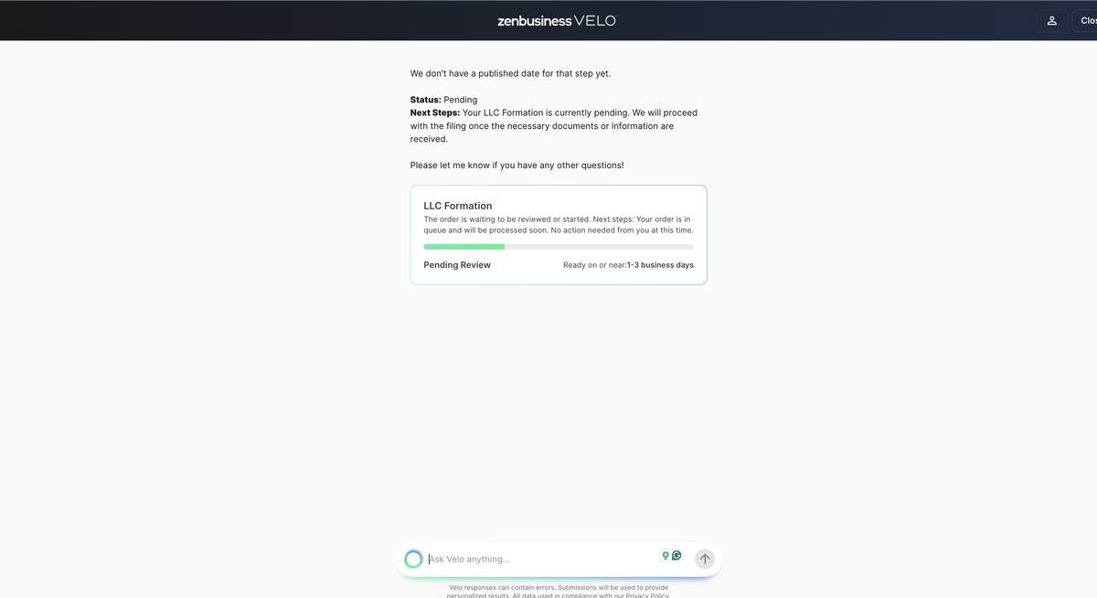 ZenBusiness dashboard showing Velo AI checking formation status with a pending chat notice