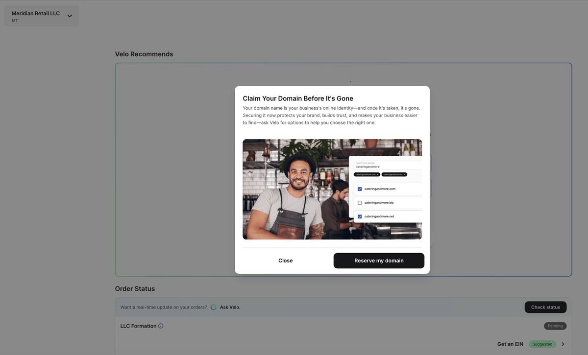 ZenBusiness Velo assistant suggesting a domain claim while the LLC is pending