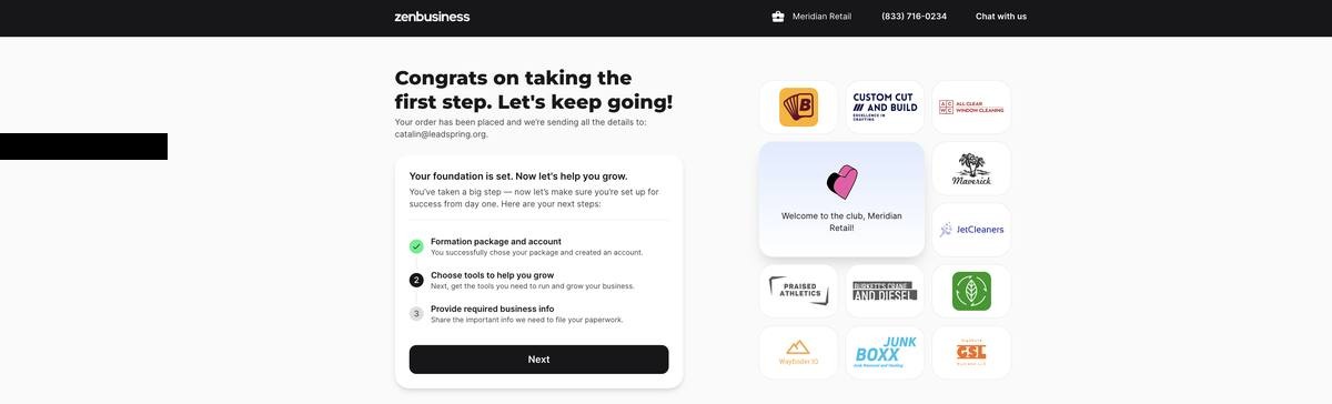 ZenBusiness post-payment confirmation screen showing a completed order and account setup