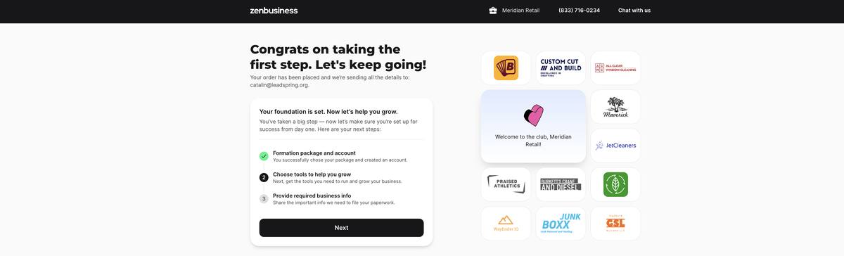 ZenBusiness post-payment confirmation showing the order was placed and a formation package and account were created