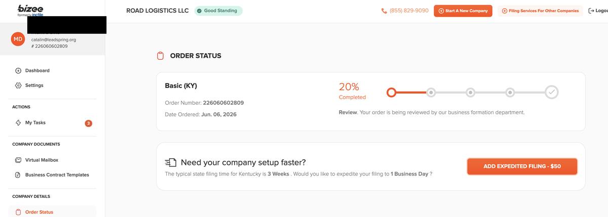 Bizee dashboard order status showing 20 percent complete review stage with expedited filing $50 upsell appearing again after payment