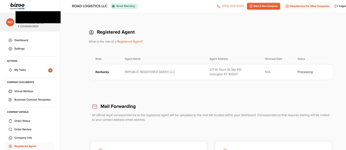Bizee dashboard registered agent page showing Republic Registered Agent LLC in Lexington Kentucky as the assigned agent with processing status