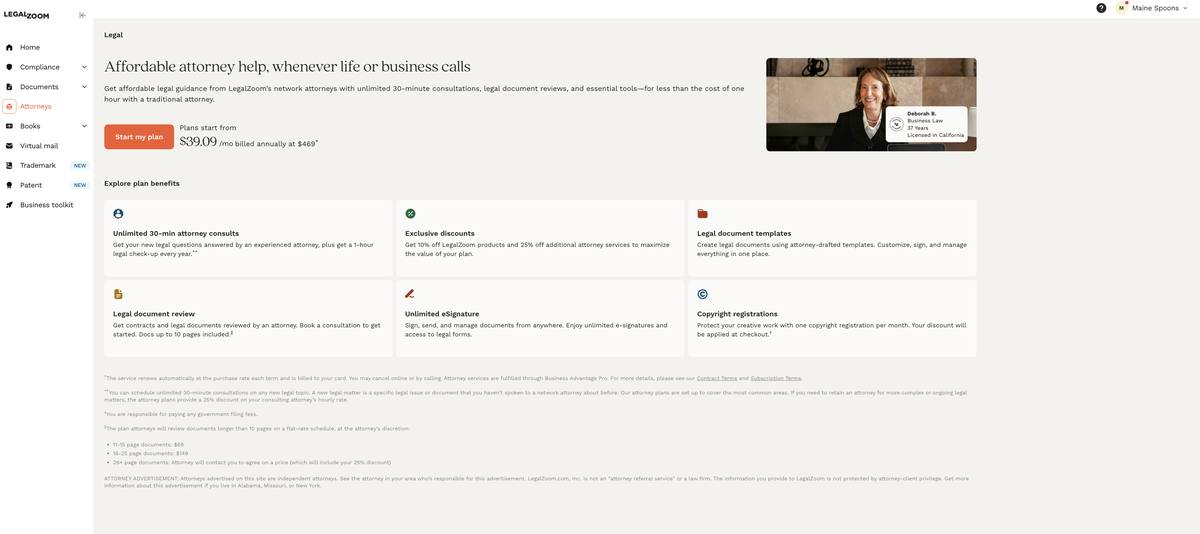 LegalZoom dashboard attorneys section showing plans from 39 dollars per month billed annually with independent attorney and attorney client privilege disclaimers