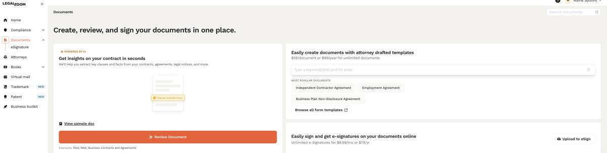 LegalZoom dashboard documents section showing AI-powered contract analysis feature to extract key clauses plus form templates at $59 per document or $99 per year and eSignature service