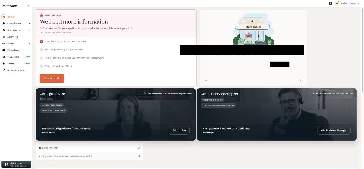 LegalZoom dashboard home screen showing an Action Required banner requesting business information after payment