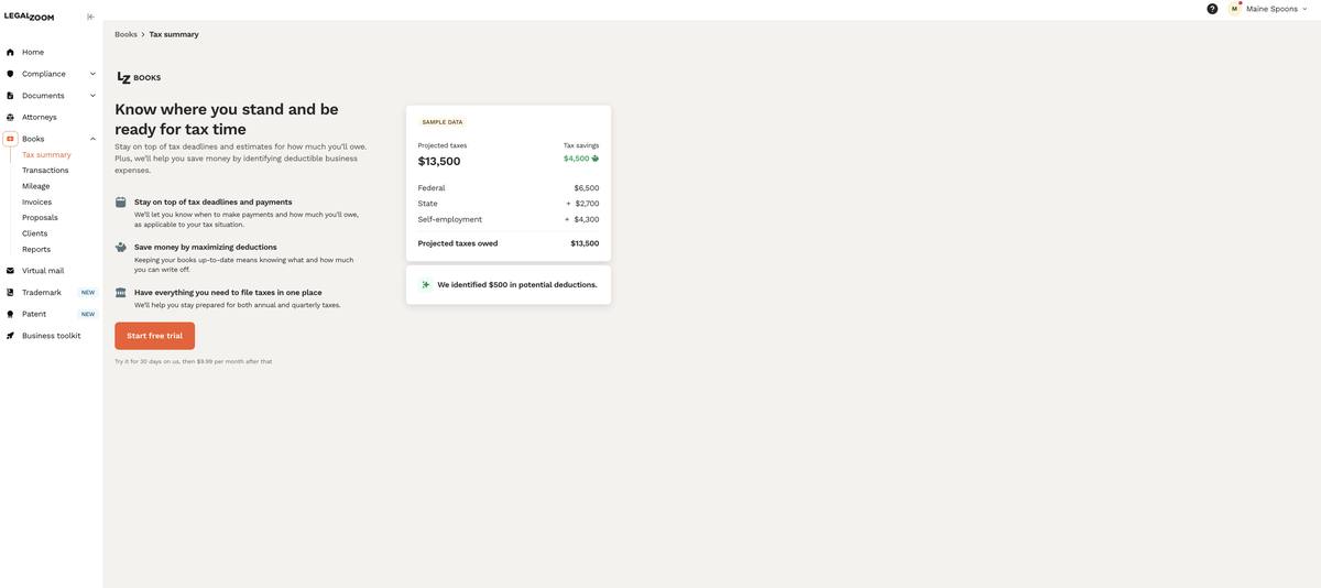 LegalZoom LZ Books tax summary dashboard showing sample projected taxes broken into federal state and self-employment components with deductions identified