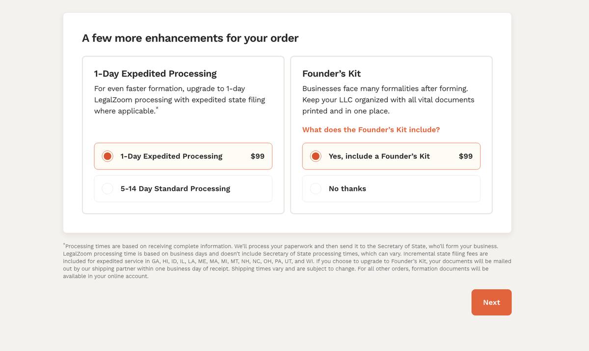 LegalZoom expedited processing screen showing $99 one business day processing option with Founders Kit at $99 and the list of 15 states where expedited state filing is included alongside standard 5 to 14 business day processing