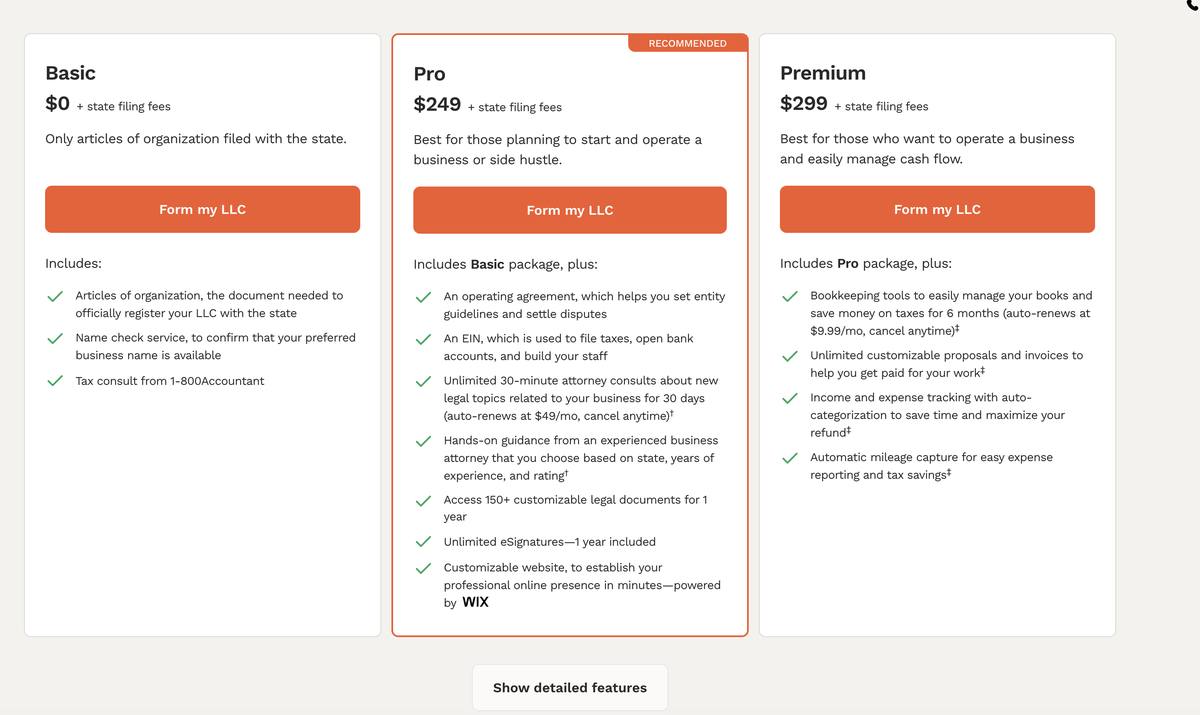 LegalZoom LLC formation plan comparison showing Basic at 0 dollars Pro at 249 dollars and Premium at 299 dollars plus state fees with feature breakdown