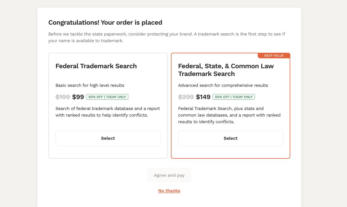 LegalZoom post payment trademark search upsell showing TODAY ONLY 50 percent off pricing with federal trademark search reduced from $199 to $99