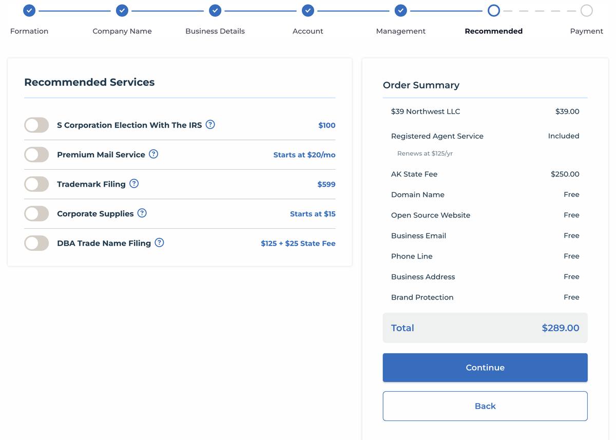 Northwest Registered Agent checkout order summary screen showing the $39 formation fee with free add-ons listed before payment