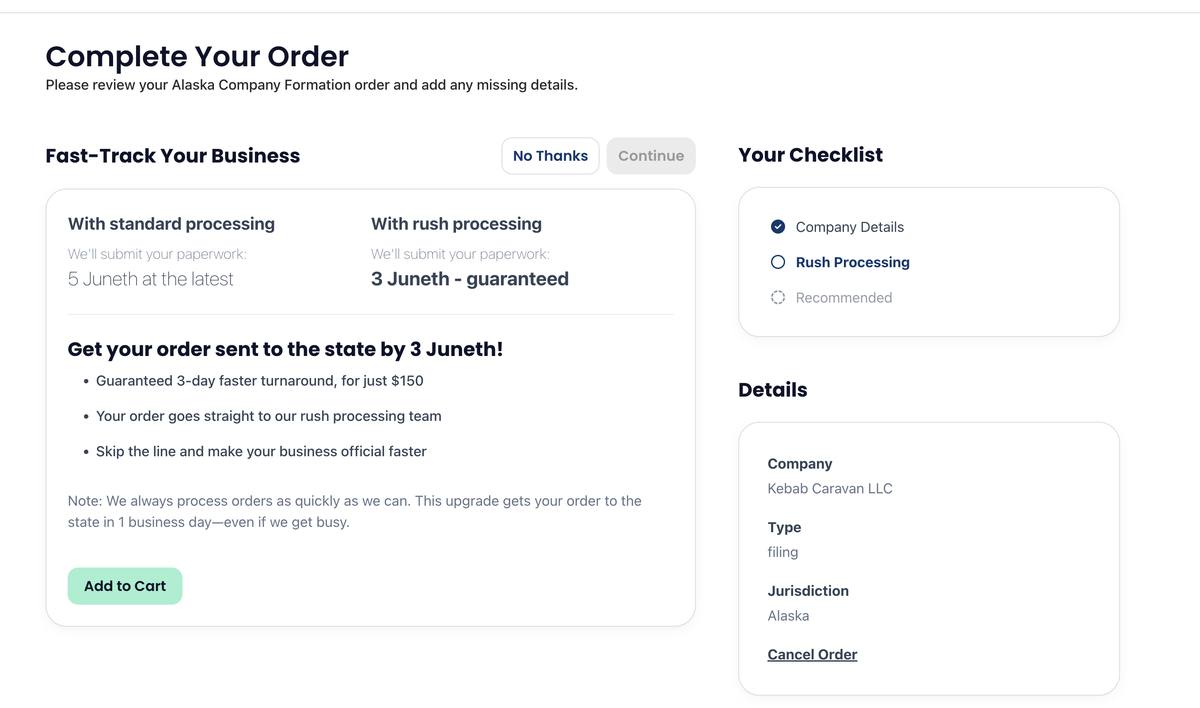 Northwest Registered Agent order confirmation screen showing the Fast-Track Your Business rush processing upsell for Kebab Caravan LLC in Alaska