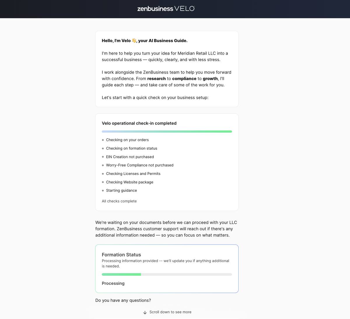 ZenBusiness Velo AI first login dashboard check showing formation processing status EIN not purchased Worry-Free Compliance not purchased and website package active
