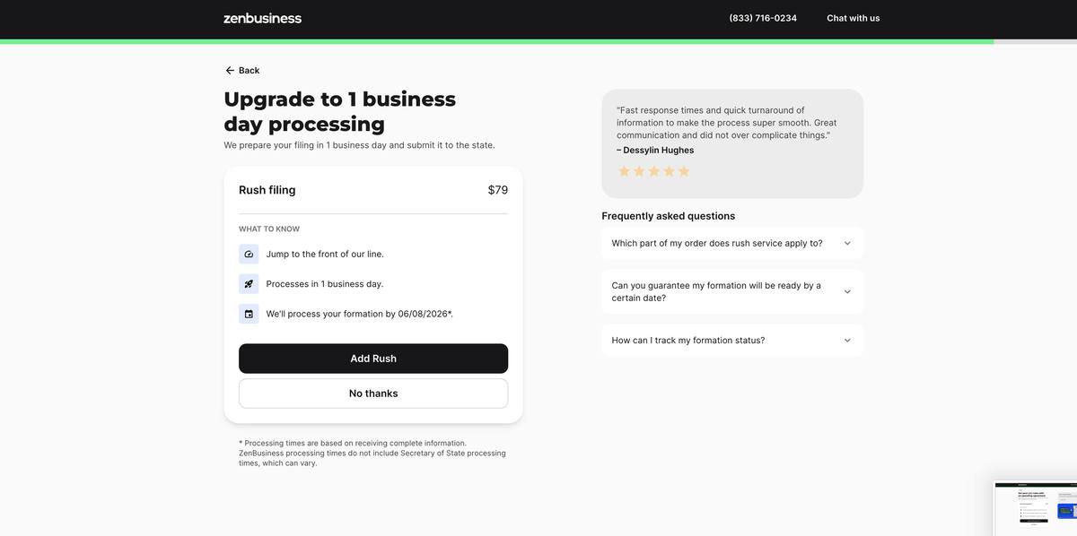 ZenBusiness formation checkout rush filing upsell screen showing 79 dollars for 1 business day processing
