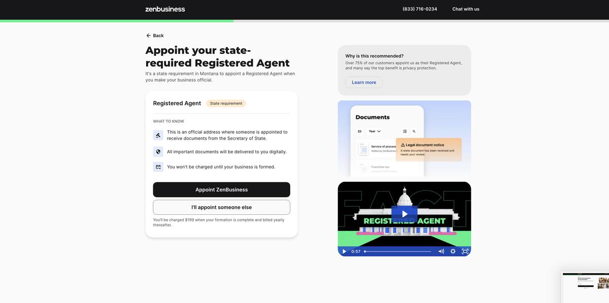 ZenBusiness formation step showing the Appoint your state-required Registered Agent screen with pricing and appoint options