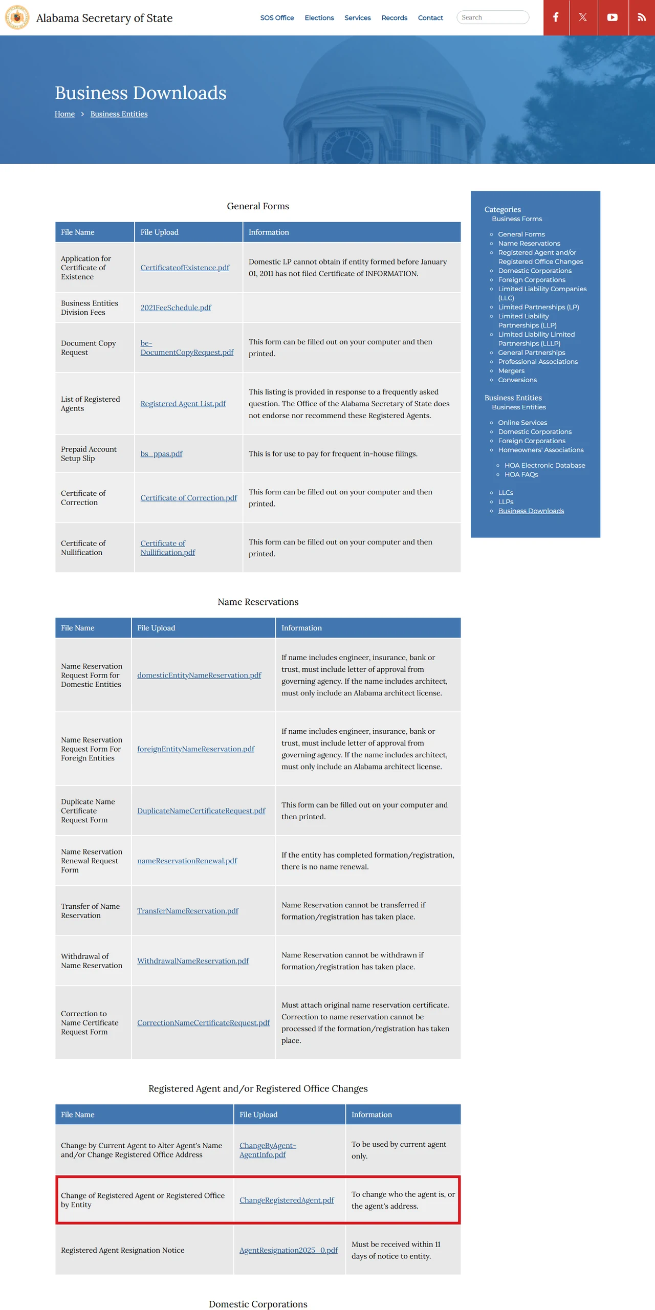 Alabama Secretary of State Business Downloads page with the entity change-agent form row outlined in red.