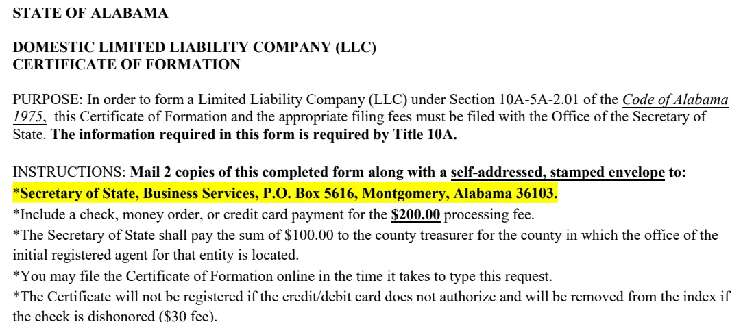 Alabama Certificate of Formation lists a $200 processing fee and permits online filing.