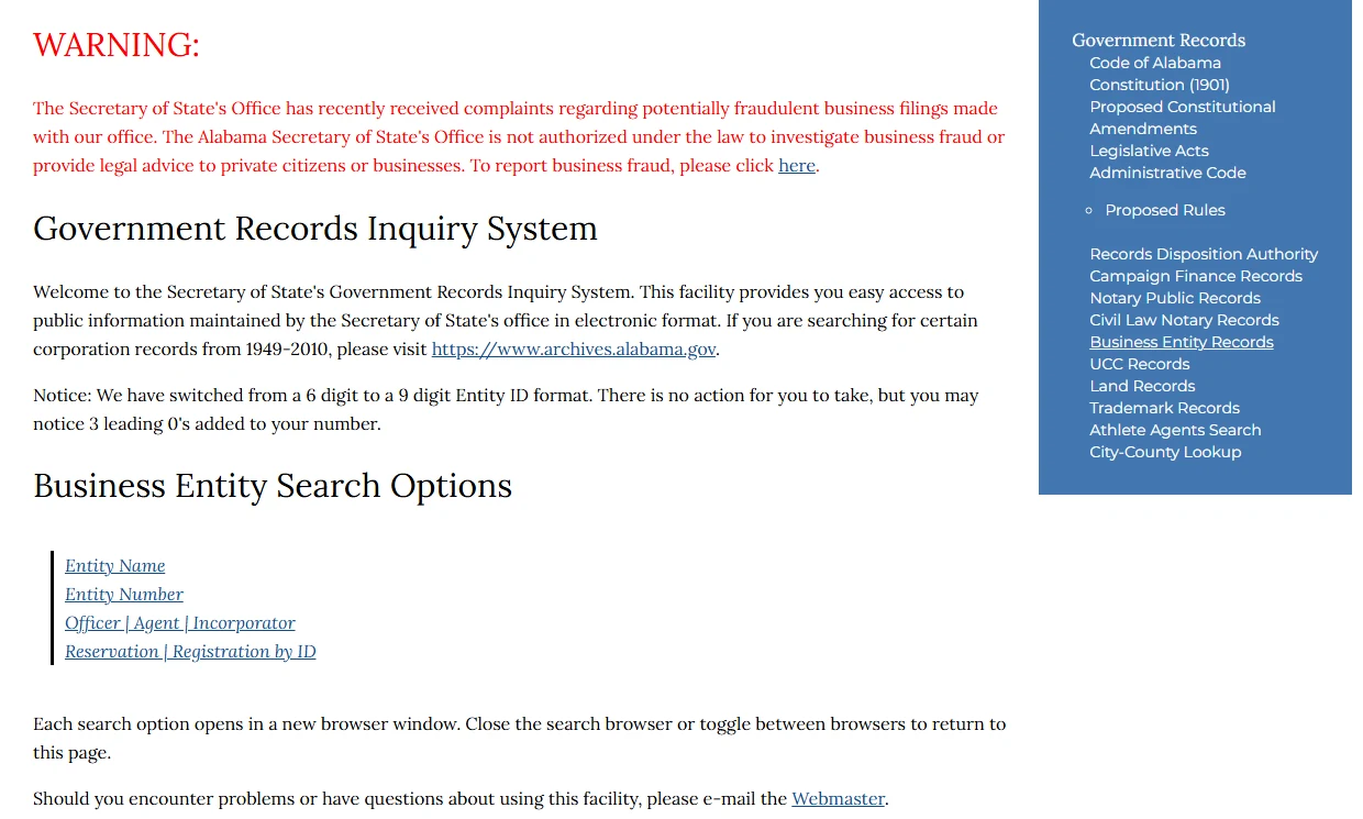 Alabama Secretary of State page lists Entity Name among the public business search options.