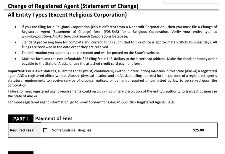 Alaska Division of Corporations Change of Registered Agent Statement of Change form showing the $25 filing fee and 10 to 15 business day processing time