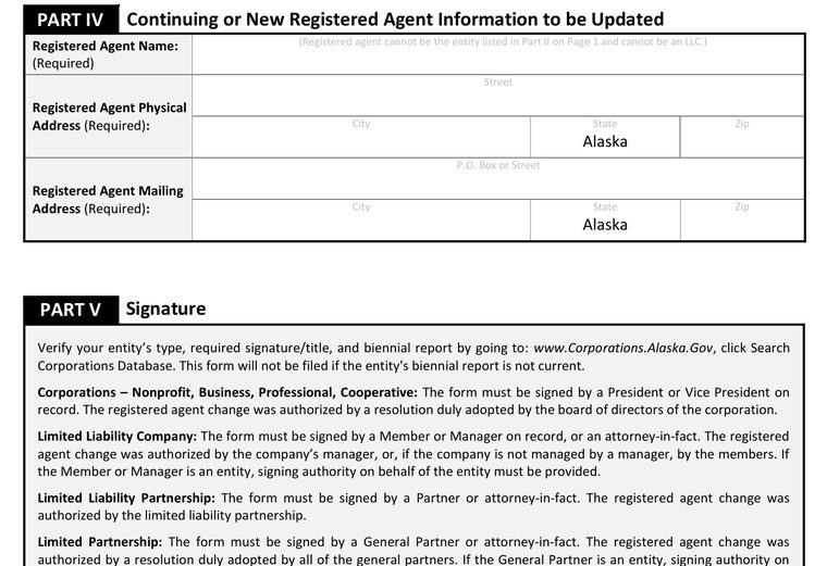 Alaska registered agent requirements showing the required Alaska physical and mailing addresses and authorized signature section on Form 08-409