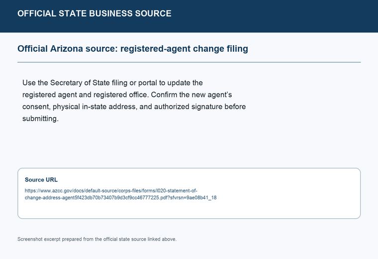 Official Arizona registered-agent change filing source screenshot showing the change filing information