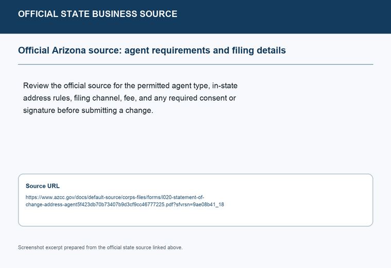 Official Arizona registered-agent requirements source screenshot showing agent requirements and filing details