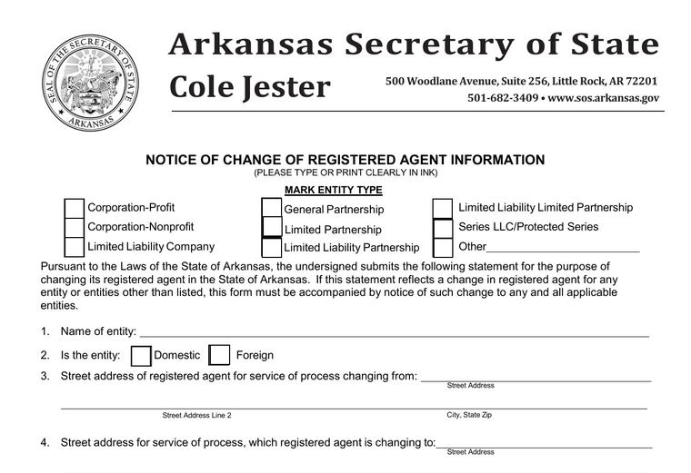 Official Arkansas registered-agent change filing source screenshot showing the change filing information