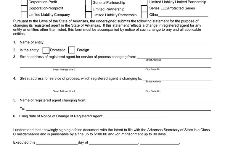 Official Arkansas registered-agent requirements source screenshot showing agent requirements and filing details