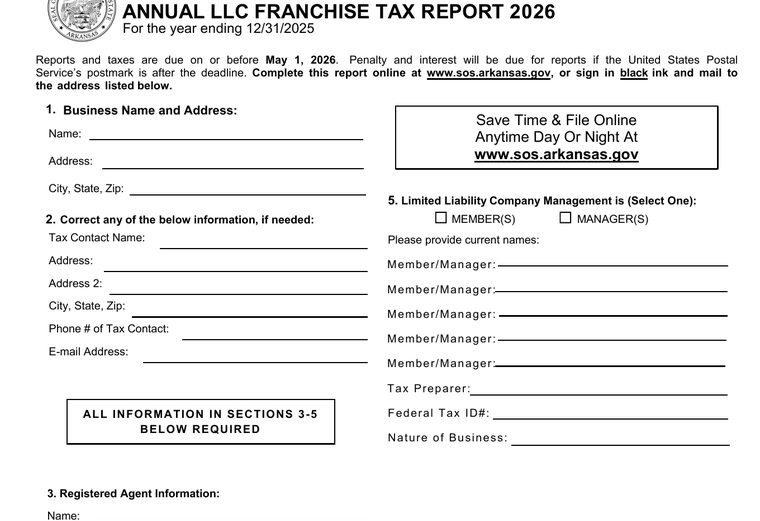 Official Arkansas 2026 LLC franchise tax report form and due-date guidance
