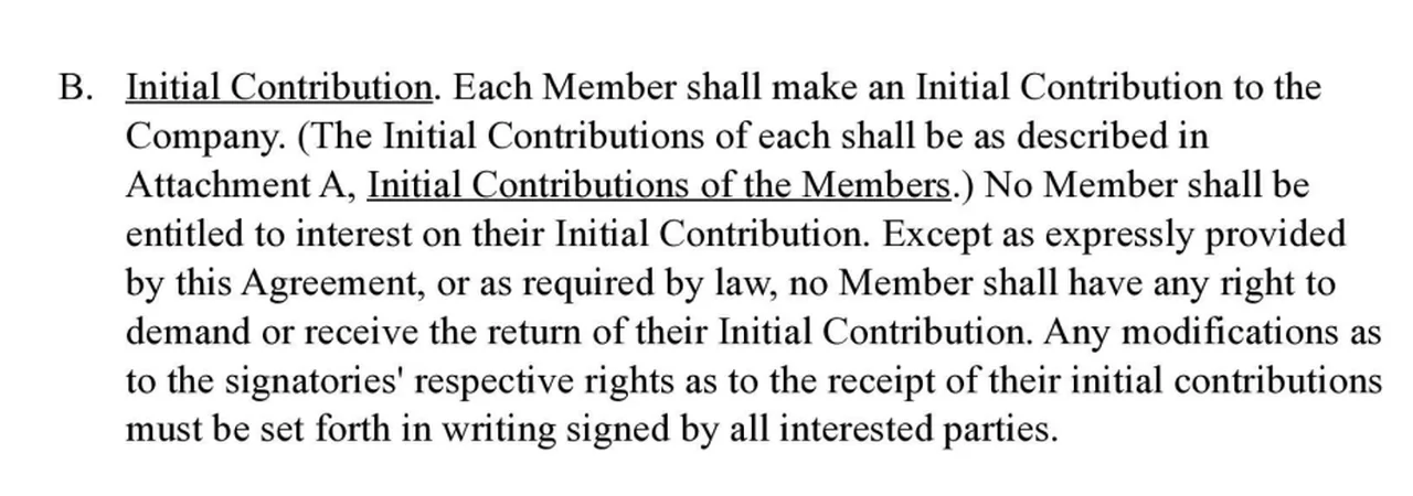 Excerpt from a real California LLC operating agreement covering members' initial contributions