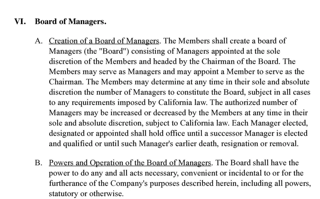 Excerpt from a real California LLC operating agreement defining a manager board's authority