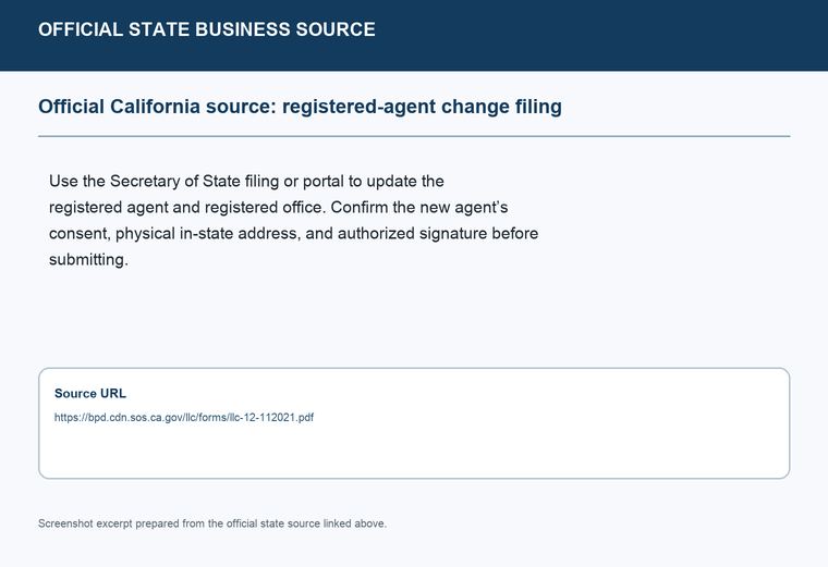 Official California registered-agent change filing source screenshot showing the change filing information